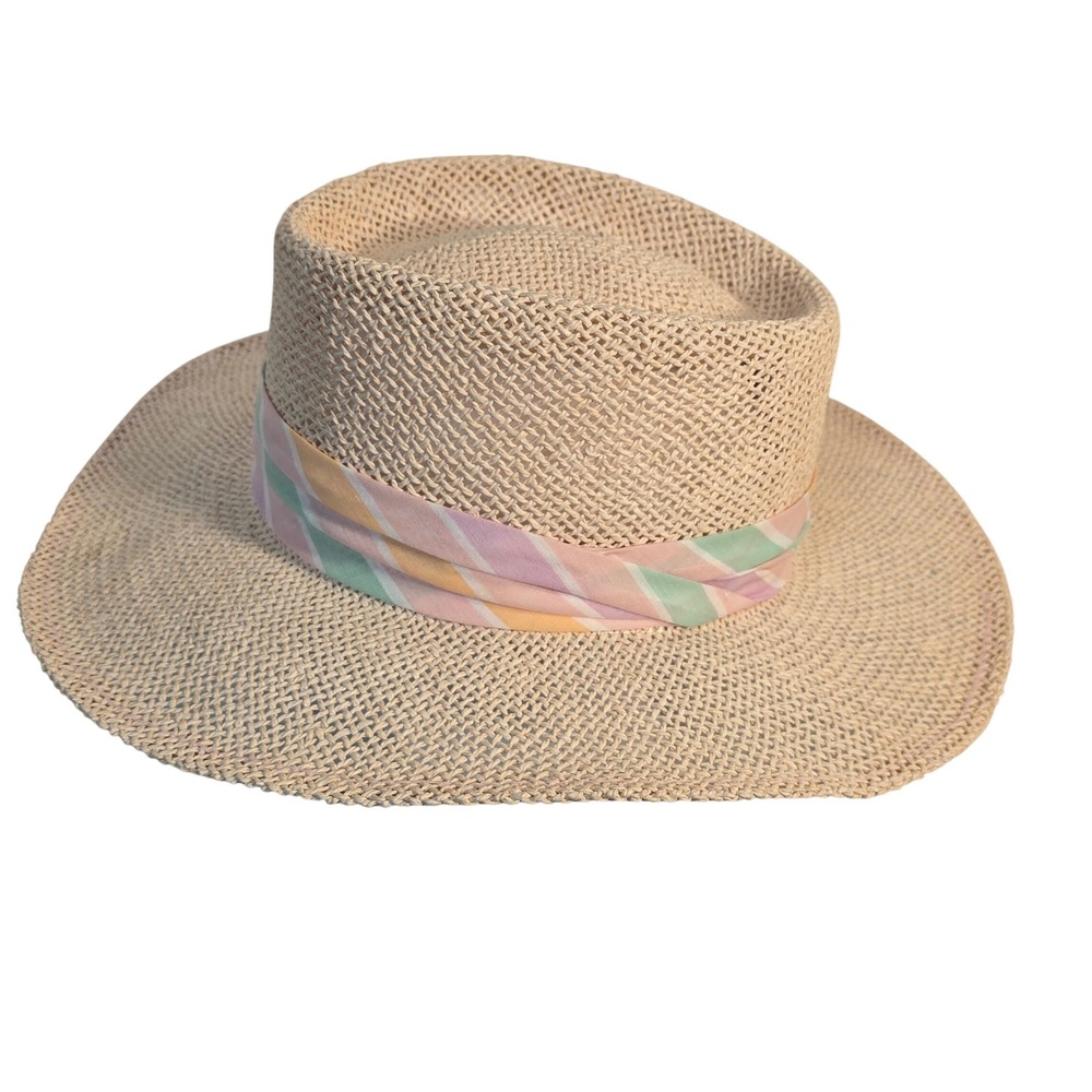 Woven Straw Sun Hat with Pastel Striped Ribbon Band Wide Brim Fedora Style - Picture 9 of 16
